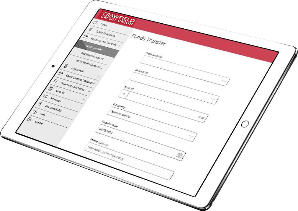 Tablet with Crawfield Credit Union funds transfer on the screen