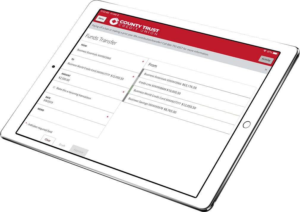Tablet with Crawfield Credit Union funds transfer on the screen