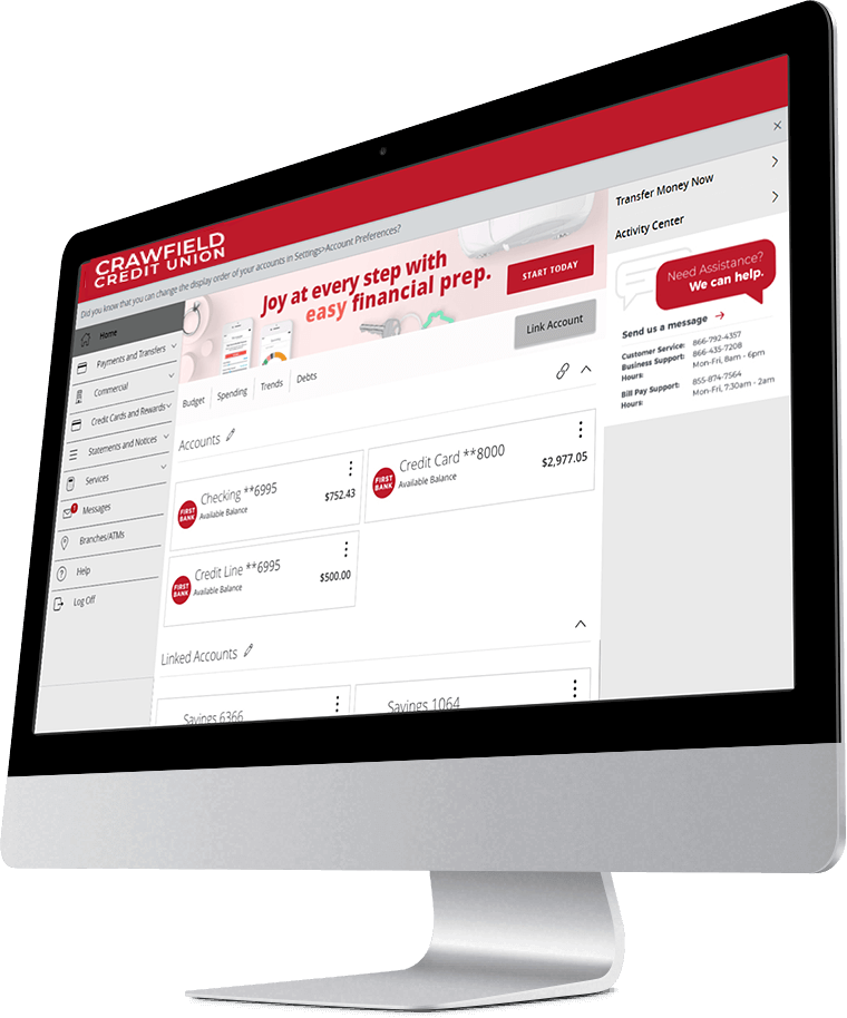 Desktop computer with Crawfield Credit Union account